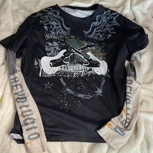 Guitar design, a large, black, yellow, white, grey, and dark green.